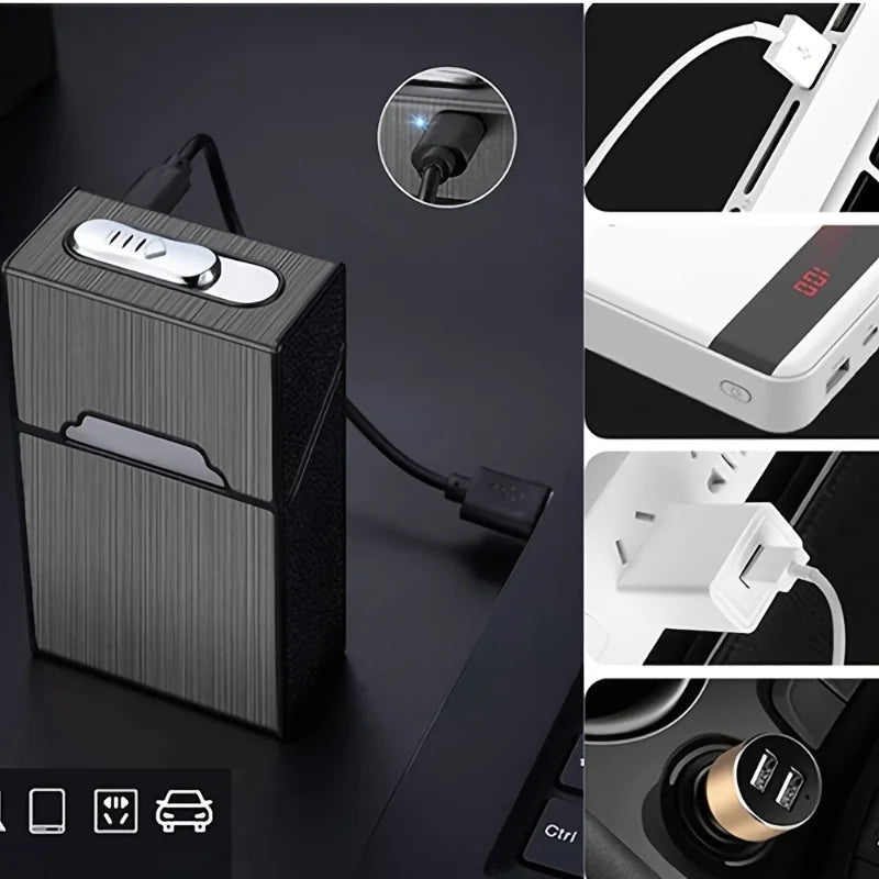 Cigarette Case with Lighter 2 in 1 USB Rechargeable Flameless Windproof Electric Lighter Cigarettes Box for Smoking Accessories