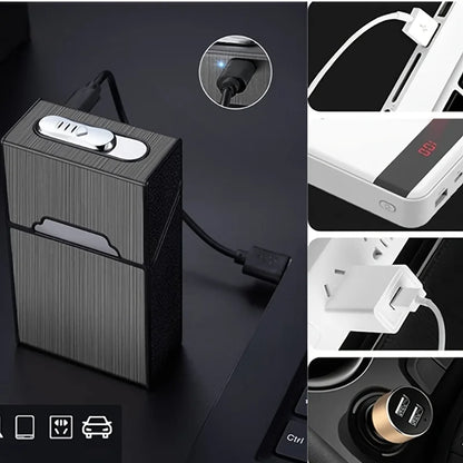 Cigarette Case with Lighter 2 in 1 USB Rechargeable Flameless Windproof Electric Lighter Cigarettes Box for Smoking Accessories