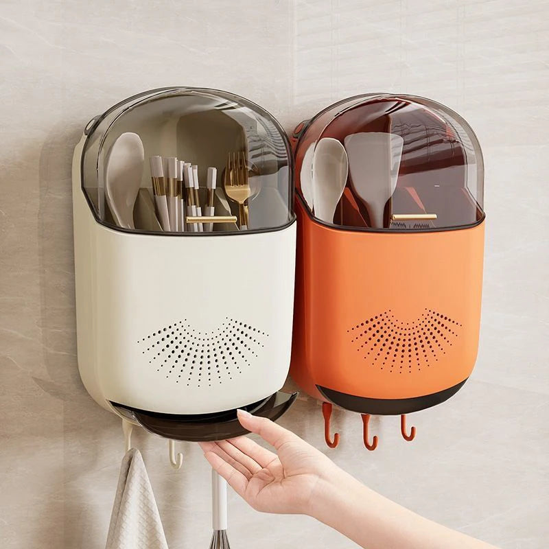 Kitchen Cutlery Storage Box Wall Mount Tableware Storage Holder with Lid Dustproof Spoon and Chopstick Organizer Drain Racks