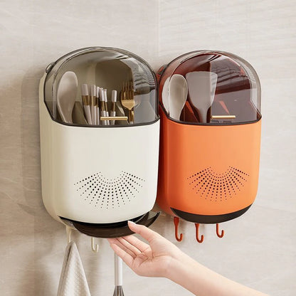 Kitchen Cutlery Storage Box Wall Mount Tableware Storage Holder with Lid Dustproof Spoon and Chopstick Organizer Drain Racks