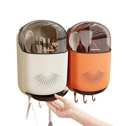 Kitchen Cutlery Storage Box Wall Mount Tableware Storage Holder with Lid Dustproof Spoon and Chopstick Organizer Drain Racks