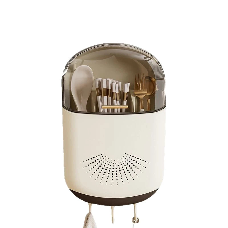 Kitchen Cutlery Storage Box Wall Mount Tableware Storage Holder with Lid Dustproof Spoon and Chopstick Organizer Drain Racks