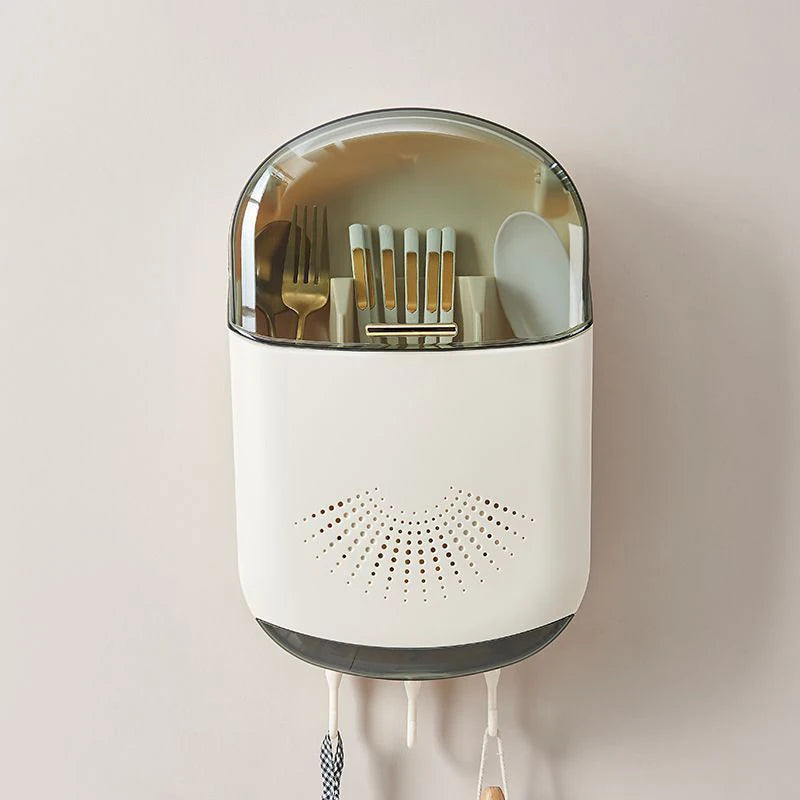 Kitchen Cutlery Storage Box Wall Mount Tableware Storage Holder with Lid Dustproof Spoon and Chopstick Organizer Drain Racks