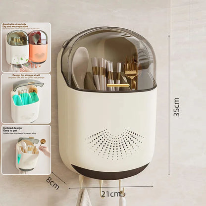 Kitchen Cutlery Storage Box Wall Mount Tableware Storage Holder with Lid Dustproof Spoon and Chopstick Organizer Drain Racks