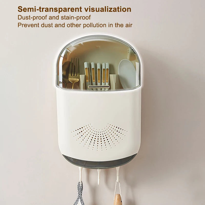 Kitchen Cutlery Storage Box Wall Mount Tableware Storage Holder with Lid Dustproof Spoon and Chopstick Organizer Drain Racks