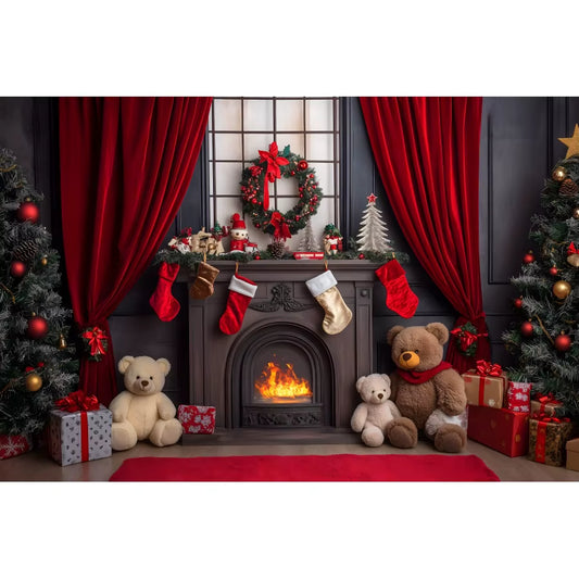 Christmas Fireplace Backgrounds for Photography Red Curtain Teddy Bear Gift Family Holiday Celebration Portrait Decor Backdrops